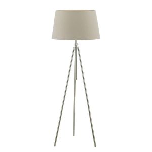 Ska 1 Light E27 Polished Chrome Adjustable Tripod Floor Lamp With Foot Switch C/W Cezanne Taupe Faux Silk Tapered 45cm Drum Shade