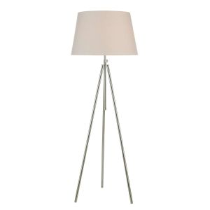 Ska 1 Light E27 Polished Chrome Adjustable Tripod Floor Lamp With Foot Switch C/W Puscan Ccrain Cotton Tapered 45cm Drum Shade