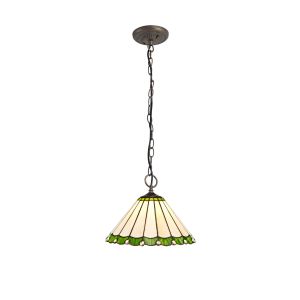 Sonoma 3 Light Downlighter Pendant E27 With 30cm Tiffany Shade, Green/Ccrain/Crystal/Aged Antique Brass