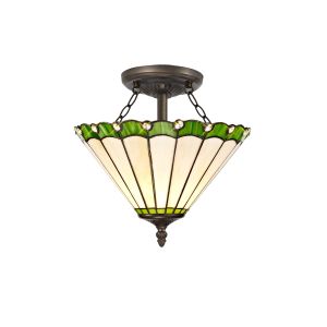 Sonoma 2 Light Semi Flush E27 With 30cm Tiffany Shade, Green/Ccrain/Crystal/Aged Antique Brass