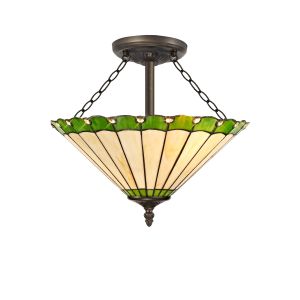 Sonoma 3 Light Semi Flush E27 With 40cm Tiffany Shade, Green/Ccrain/Crystal/Aged Antique Brass