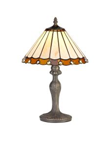 Sonoma 1 Light Curved Table Lamp E27 With 30cm Tiffany Shade, Amber/Ccrain/Crystal/Aged Antique Brass