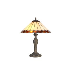 Sonoma 2 Light Curved Table Lamp E27 With 40cm Tiffany Shade, Amber/Ccrain/Crystal/Aged Antique Brass
