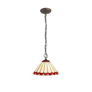 Sonoma 3 Light Downlighter Pendant E27 With 30cm Tiffany Shade, Red/Ccrain/Crystal/Aged Antique Brass