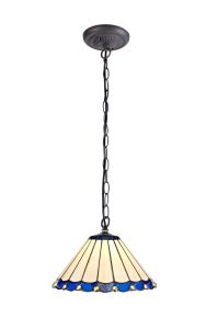 Sonoma 1 Light Downlighter Pendant E27 With 30cm Tiffany Shade, Blue/Ccrain/Crystal/Aged Antique Brass
