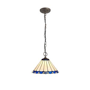 Sonoma 3 Light Downlighter Pendant E27 With 30cm Tiffany Shade, Blue/Ccrain/Crystal/Aged Antique Brass