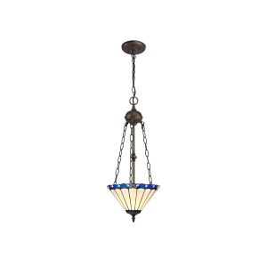 Sonoma 2 Light Uplighter Pendant E27 With 30cm Tiffany Shade, Blue/Ccrain/Crystal/Aged Antique Brass