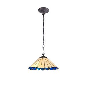 Sonoma 1 Light Downlighter Pendant E27 With 40cm Tiffany Shade, Blue/Ccrain/Crystal/Aged Antique Brass