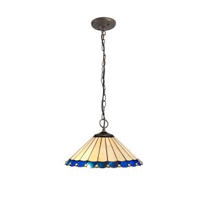Sonoma 3 Light Downlighter Pendant E27 With 40cm Tiffany Shade, Blue/Ccrain/Crystal/Aged Antique Brass