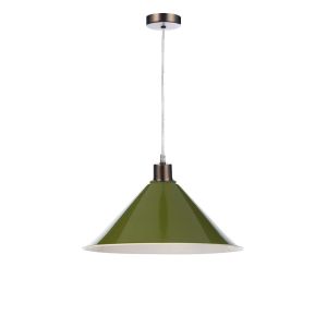 Tonga 1 Light E27 Antique Chrome Adjustable Pendant C/W Olive Green Metal Shade With White Inner