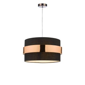 Tonga 1 Light E27 Antique Chrome Adjustable Pendant C/W Black Cotton Shade With Copper Band Finish