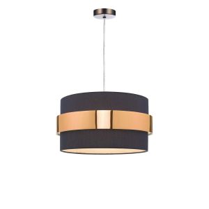 Tonga 1 Light E27 Antique Chrome Adjustable Pendant C/W Navy Blue Cotton Shade With Copper Band Finish