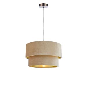 Alto 1 Light E27 Antique Chrome Adjustable Pendant C/W Taupe Velvet Shade With A Gold Metallic Lining