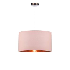 Alto 1 Light E27 Antique Chrome Adjustable Pendant C/W Pink Smooth Faux Silk Drum Shade With Metallic Rose Gold Lining