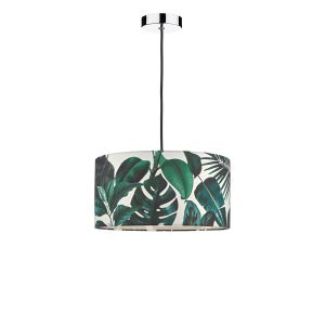 Tonga 1 Light E27 Chrome & Black Adjustable Pendant C/W Green Palm Print Drum Shade On A White Background Complete With A White Cotton Diffuser