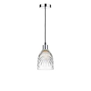 Tonga 1 Light E27 Chrome & Black Adjustable Pendant C/W Clear Cut Glass Shade With Palm Leaf-Style Engravings