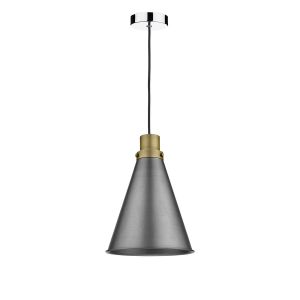Tonga 1 Light E27 Chrome & Black Adjustable Pendant C/W Aged Brass With Antique Chrome & Black Metal Cone Shaped Shade