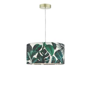 Tonga 1 Light E27 Satin Brass Adjustable Pendant C/W Green Palm Print Drum Shade On A White Background Complete With A White Cotton Diffuser