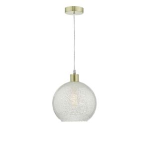 Alto 1 Light E27 Satin Brass Adjustable Pendant C/W Glass Dome Shade Covered On The Inside With Thousands Of Tiny Crystals