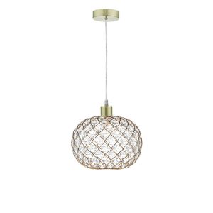 Alto 1 Light E27 Satin Brass Adjustable Pendant C/W Gold Finish Frame Shade With Faceted Acrylic Heptagonal Beads