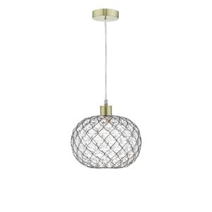 Alto 1 Light E27 Satin Brass Adjustable Pendant C/W Satin Brass Finish Frame Shade With Faceted Acrylic Heptagonal Beads