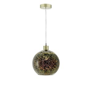 Tonga 1 Light E27 Satin Brass Adjustable Pendant C/W Silver Mirror 3D Glass Globe Shade With Exploding Speckles Of Light