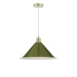 Alto 1 Light E27 Satin Brass Adjustable Pendant C/W Olive Green Metal Shade With White Inner