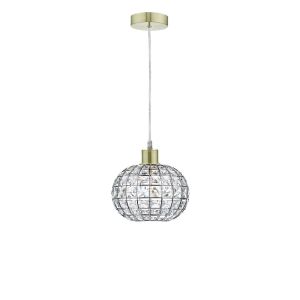 Tonga 1 Light E27 Satin Brass Adjustable Pendant C/W Satin Brass Finish Frame Shade With Faceted Crystal Glass Sqaure Shaped Beads