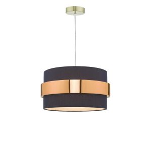 Alto 1 Light E27 Satin Brass Adjustable Pendant C/W Navy Blue Cotton Shade With Copper Band Finish
