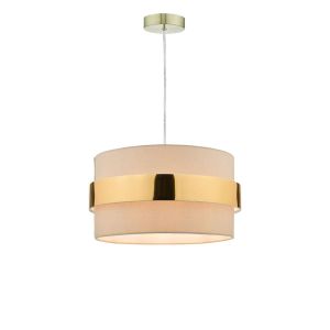 Alto 1 Light E27 Satin Brass Adjustable Pendant C/W Taupe Cotton Shade With Gold Band Finish