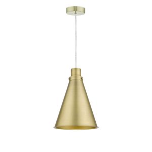 Tonga 1 Light E27 Satin Brass Adjustable Pendant C/W Aged Brass Metal Cone Shaped Shade