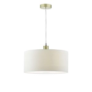 Tonga 1 Light E27 Satin Brass Adjustable Pendant C/W White Smooth Faux Silk 40cm Drum Shade With Soft White Acrylic Diffuser