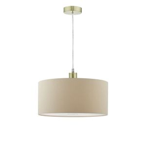 Tonga 1 Light E27 Satin Brass Adjustable Pendant C/W Taupe Faux Silk 40cm Drum Shade With Soft White Acrylic Diffuser