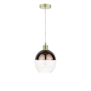 Alto 1 Light E27 Satin Brass Adjustable Pendant C/W Bronze & Clear Glass Globe Shade