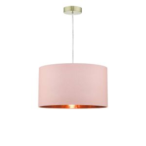 Alto 1 Light E27 Satin Brass Adjustable Pendant C/W Pink Smooth Faux Silk Drum Shade With Metallic Rose Gold Lining