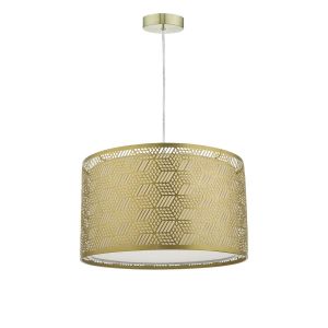 Tonga 1 Light E27 Satin Brass Adjustable Pendant C/W Gold Finish Metal Drum Shade With Intricate Geometric Piercings