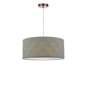 Tonga 1 Light E27 Aged Copper Adjustable Pendant C/W Grey Cotton Drum Shade With Diamond Pattern Design & Complete With A Removable Diffuser