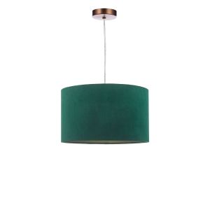 Tonga 1 Light E27 Aged Copper Adjustable Pendant C/W Green Velvet Drum Shade With Self Coloured Cotton Lining