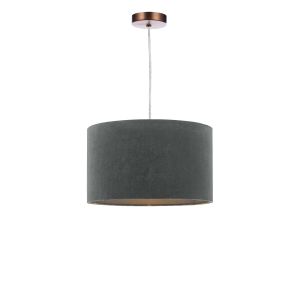 Tonga 1 Light E27 Aged Copper Adjustable Pendant C/W Grey Velvet Drum Shade With Self Coloured Cotton Lining