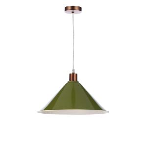 Tonga 1 Light E27 Aged Copper Adjustable Pendant C/W Olive Green Metal Shade With White Inner