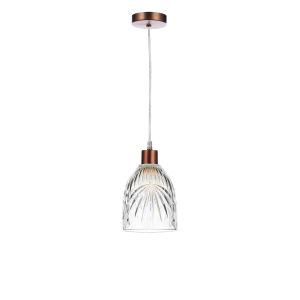 Alto 1 Light E27 Aged Copper Adjustable Pendant C/W Clear Cut Glass Shade With Palm Leaf-Style Engravings