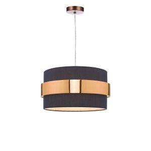 Tonga 1 Light E27 Aged Copper Adjustable Pendant C/W Navy Blue Cotton Shade With Copper Band Finish