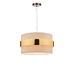 Alto 1 Light E27 Aged Copper Adjustable Pendant C/W Taupe Cotton Shade With Gold Band Finish