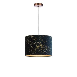Tonga 1 Light E27 Aged Copper Adjustable Pendant C/W Navy Blue Velvet Shade With Gold Speckle Pattern Finish