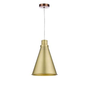 Tonga 1 Light E27 Aged Copper Adjustable Pendant C/W Aged Brass Metal Cone Shaped Shade
