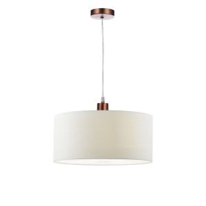 Tonga 1 Light E27 Aged Copper Adjustable Pendant C/W White Smooth Faux Silk 40cm Drum Shade With Soft White Acrylic Diffuser