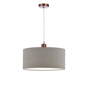 Tonga 1 Light E27 Aged Copper Adjustable Pendant C/W Slate Grey Faux Silk 40cm Drum Shade With Soft White Acrylic Diffuser