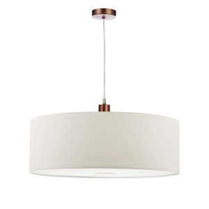 Tonga 1 Light E27 Aged Copper Adjustable Pendant C/W Taupe Faux Silk 40cm Drum Shade With Soft White Acrylic Diffuser