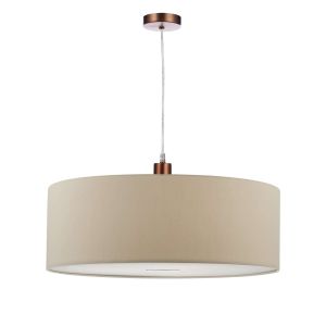 Tonga 1 Light E27 Aged Copper Adjustable Pendant C/W Taupe Faux Silk 60cm Drum Shade With Soft White Acrylic Diffuser