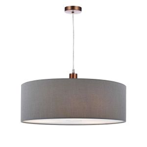 Tonga 1 Light E27 Aged Copper Adjustable Pendant C/W Slate Grey Faux Silk 60cm Drum Shade With Soft White Acrylic Diffuser